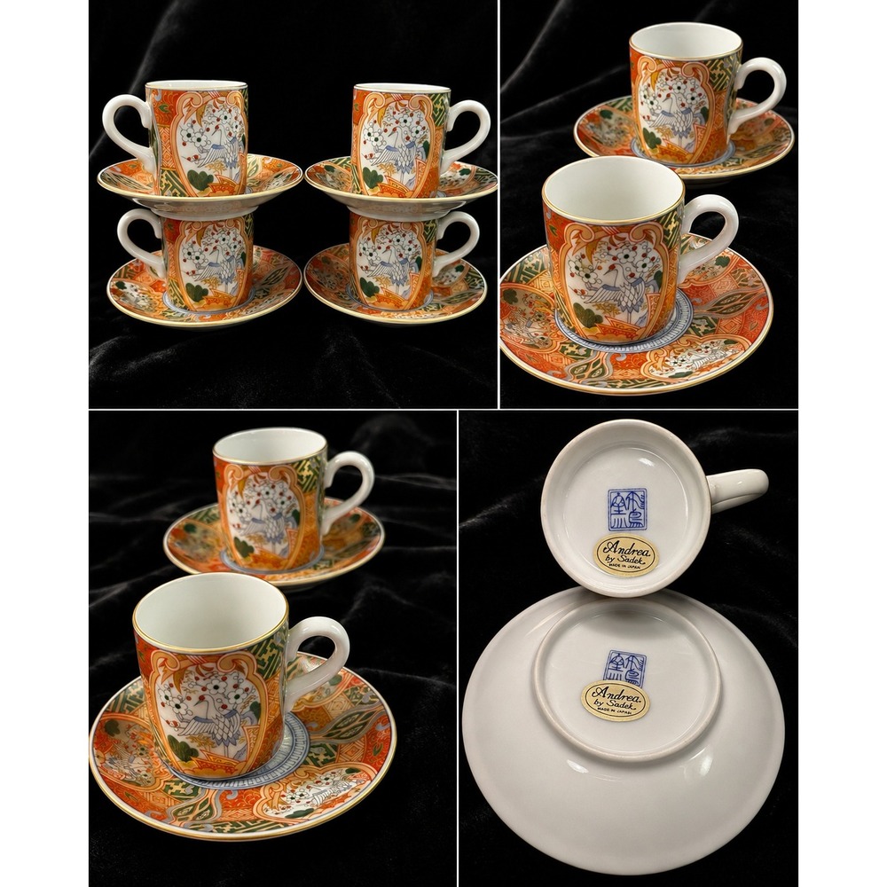 Andrea by Sadek Imari Crane Espresso Cup Saucer Set Porcelain Japan Gold Trim